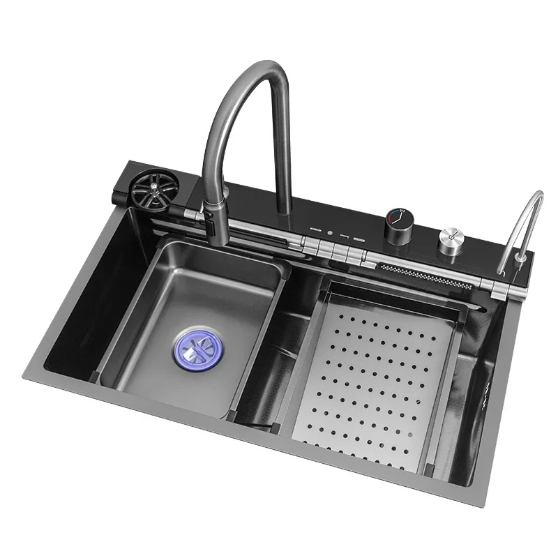 All-in-one smart workstation sink with rail, faucet and preparation accessories